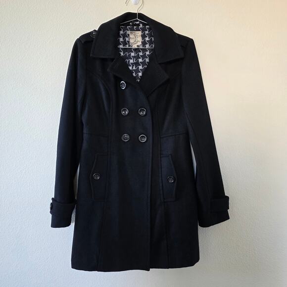 Tulle Black Wool Blend Peacoat Womens Size L Double Breasted Star Print Lining - Picture 15 of 15